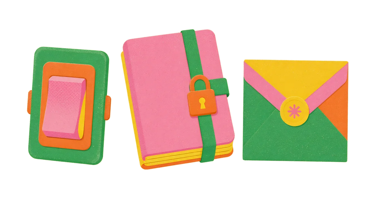 Ilustración: un interruptor de pared apagado, un cuaderno cerrado con candado y un sobre sellado