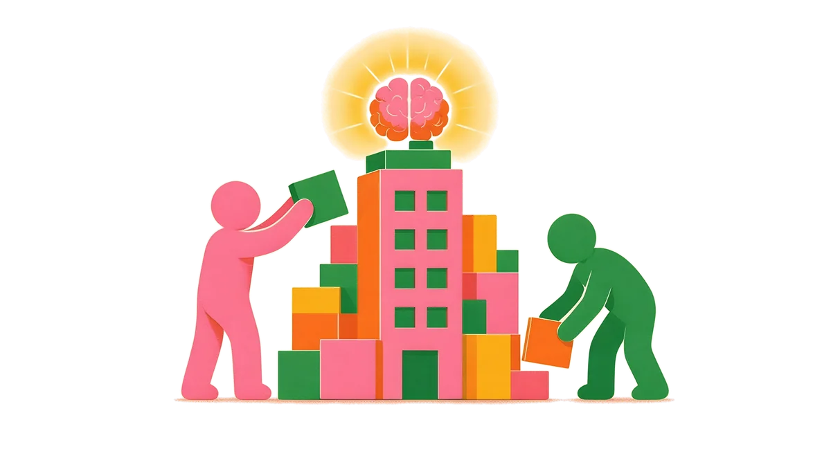 Ilustración: dos personas construyen con bloques un edificio coronado por un cerebro luminoso