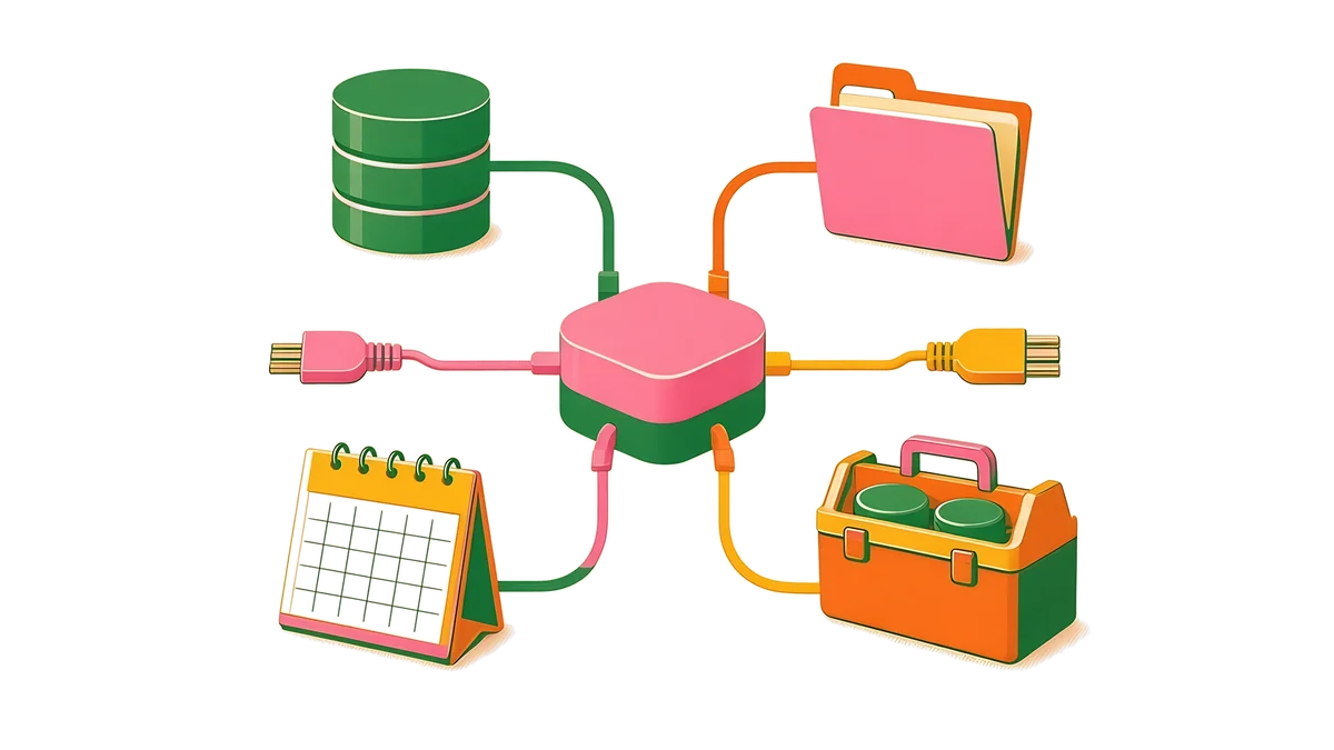 Ilustración: un conector central une una base de datos, una carpeta, un calendario y una caja de herramientas con cables de colores