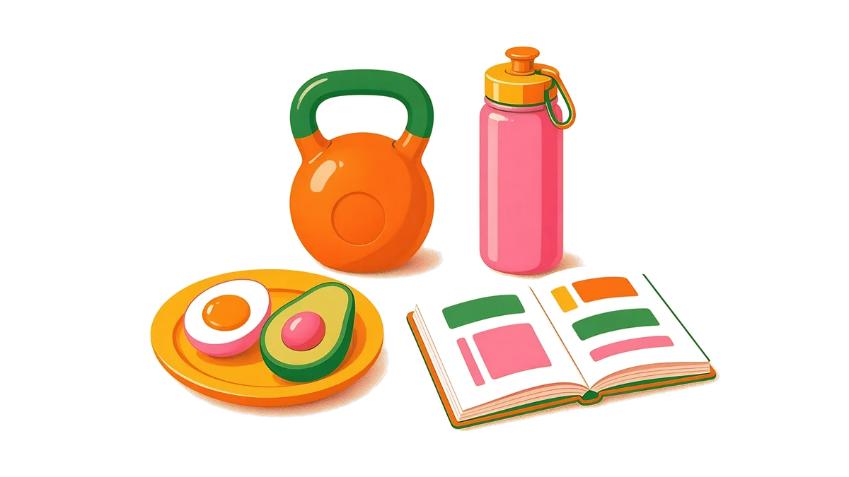 Ilustración: una pesa rusa, una botella de agua, un plato con huevo y aguacate y un cuaderno de registro abierto