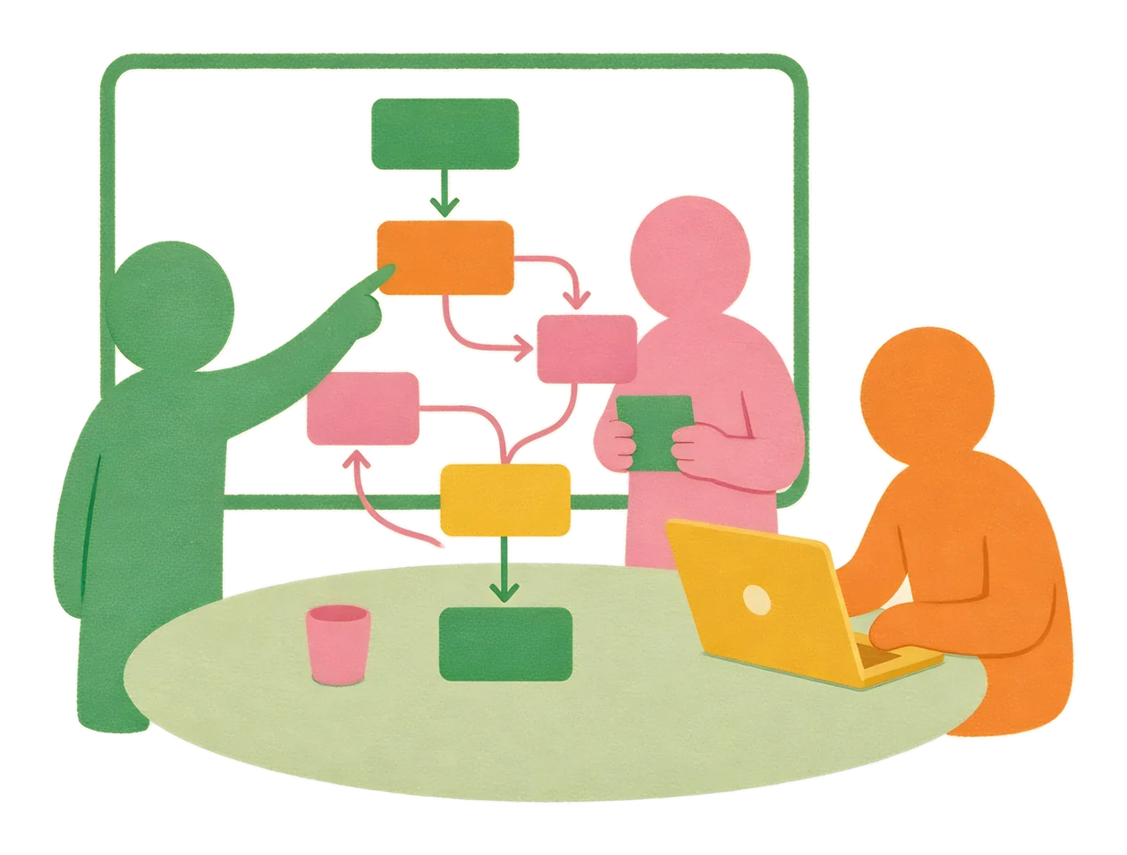 Ilustración: un equipo diseña un flujo de trabajo en una pizarra alrededor de una mesa